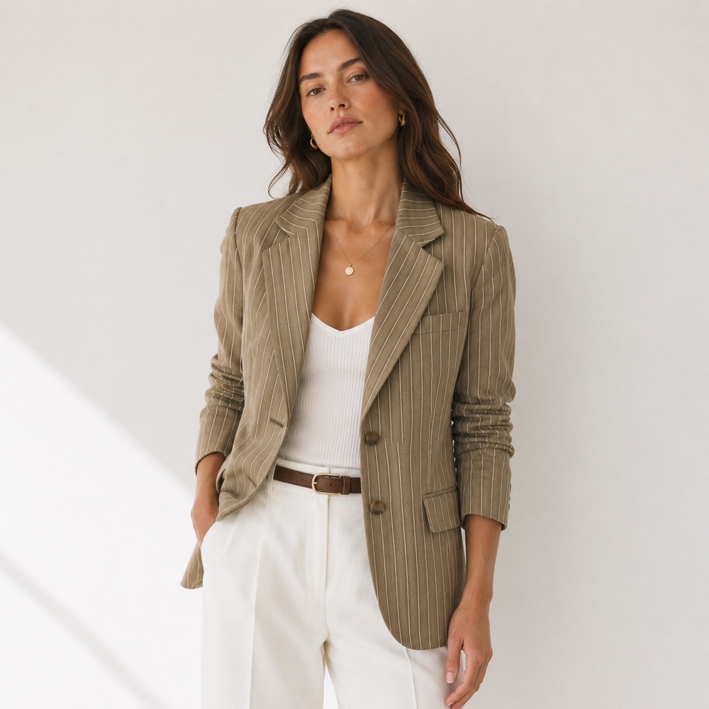 Talbots Pinstripe Linen Blend Blazer Jacket Womens Size 4 Tan Italian Fabric Lux